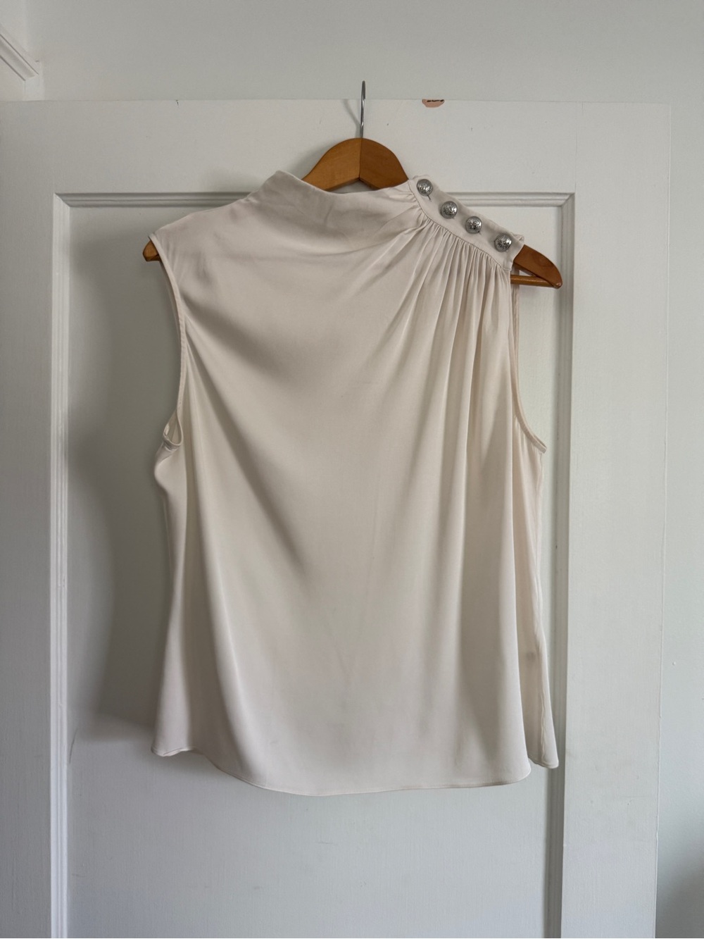 Intermix Sleeveless High-Neck Shell Top with Decorative Buttons - Cream